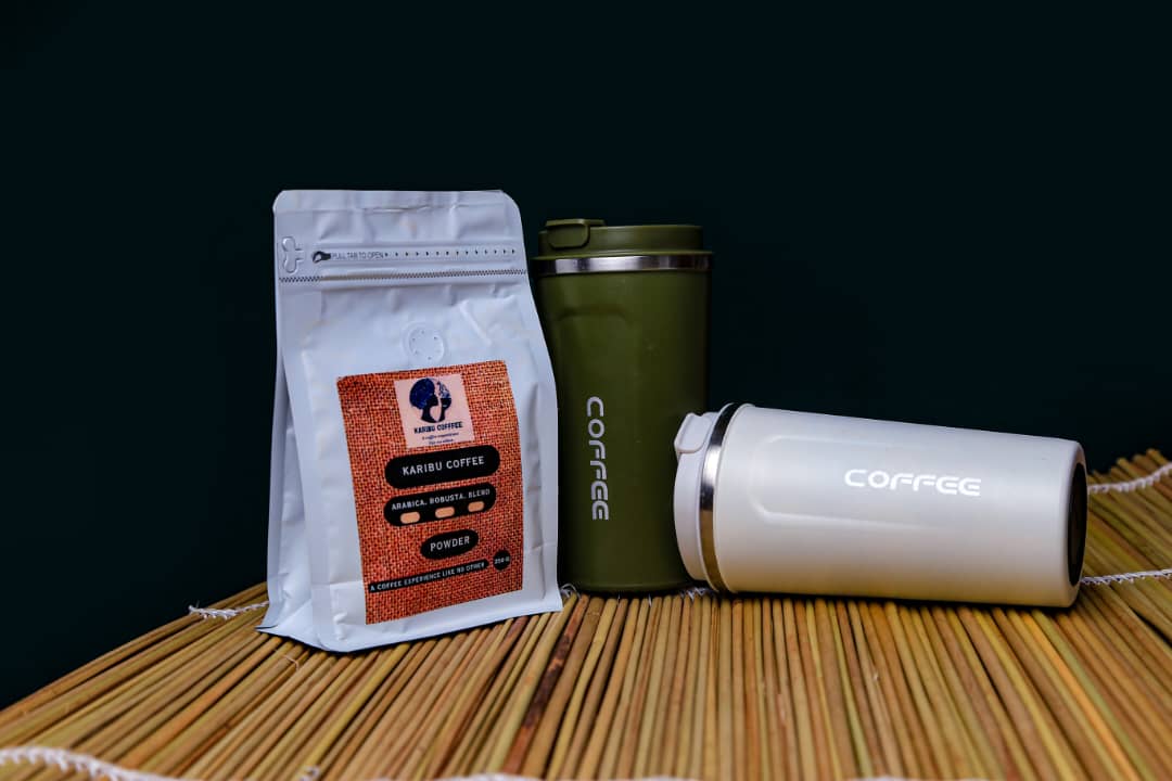 Karibu Coffee bag with travel mugs